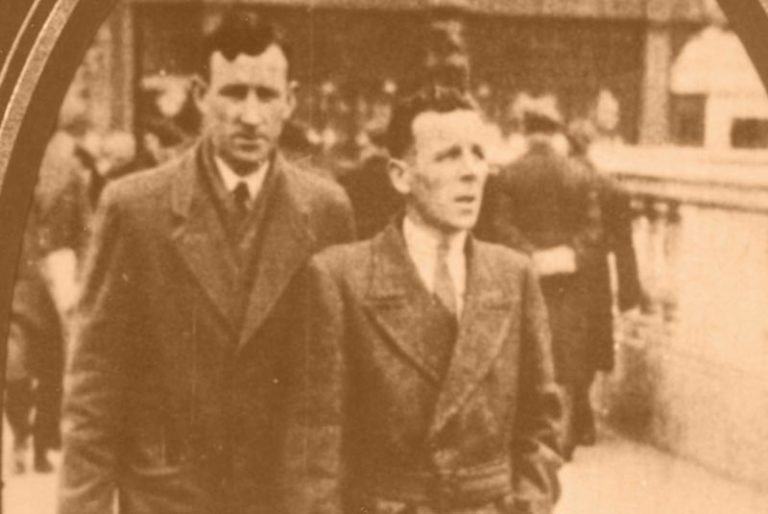 Sylvester and Michael Kelly on O'Connell Bridge in Dublin, on their way to buying their first printing machine in 1949.